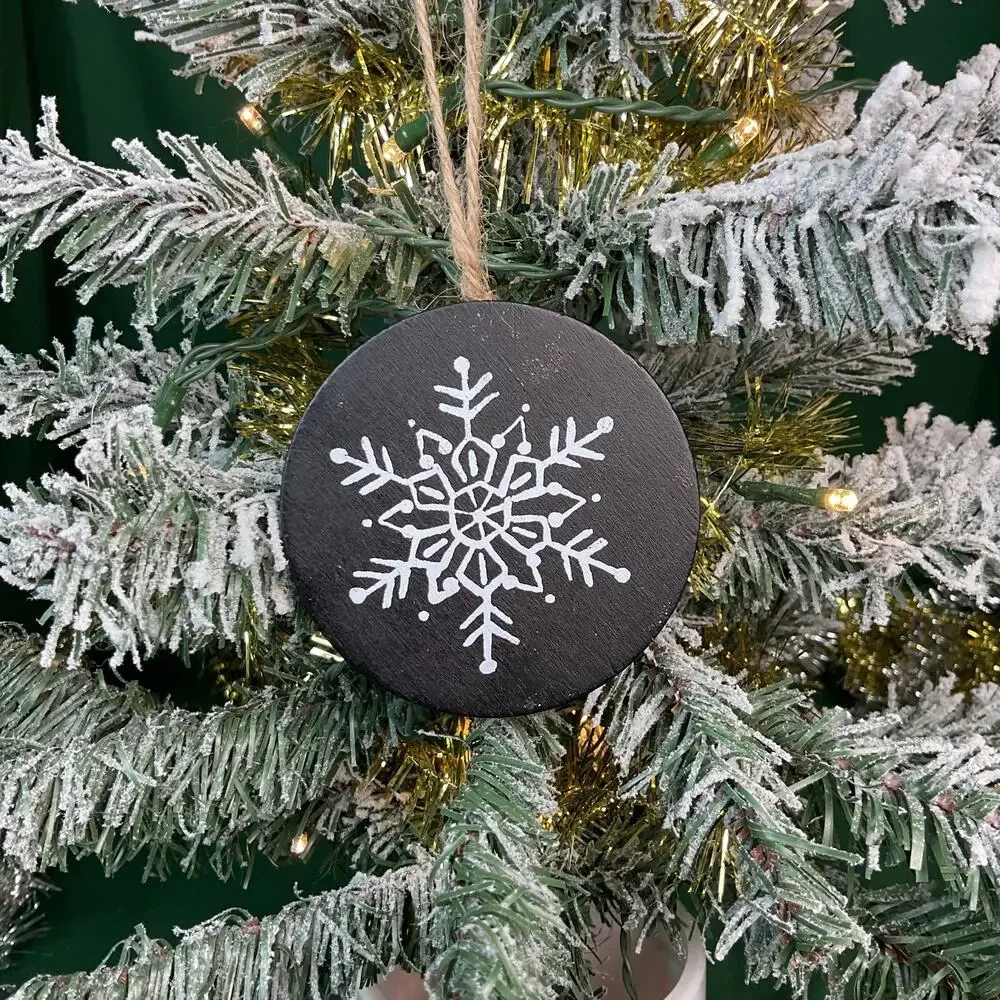 Set of 3 Black Wood Snowflake Christmas Ornaments Painted White Rustic